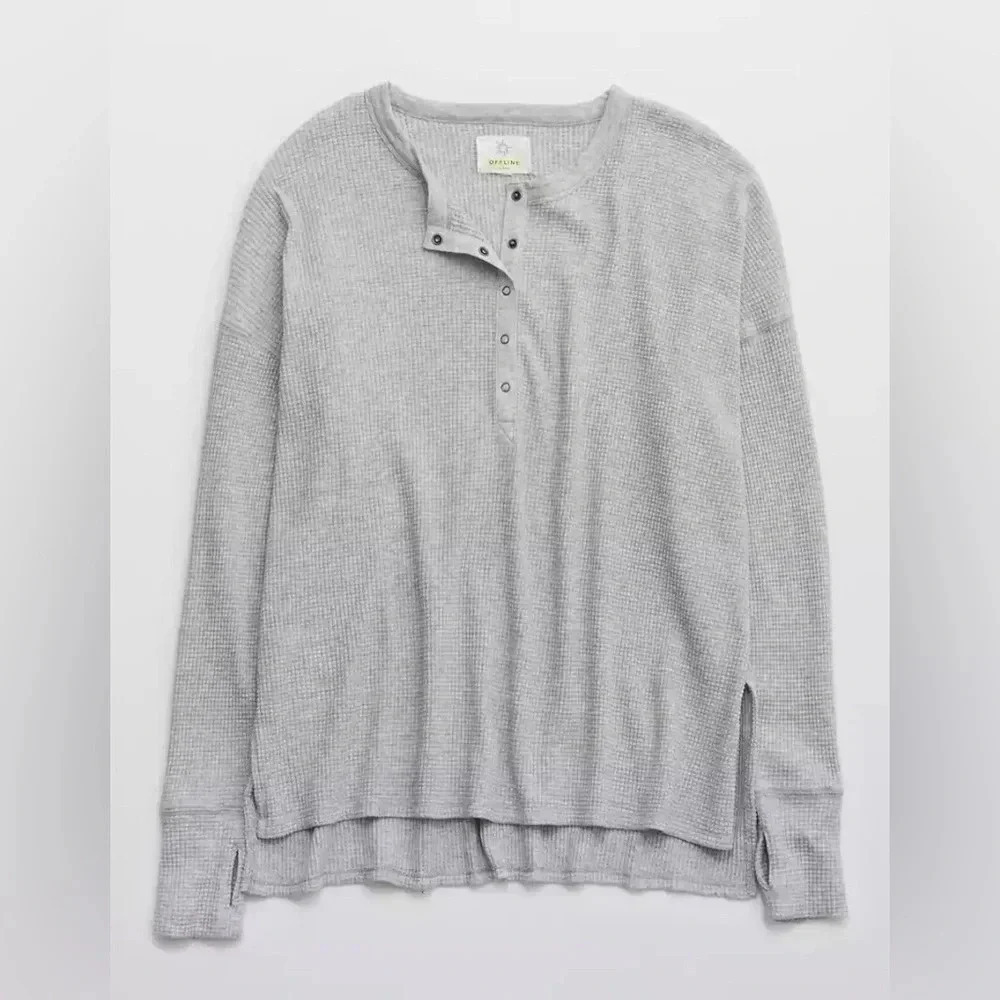Aerie Henley Pullover long sleeve tee waffle knit ribbed oversized top